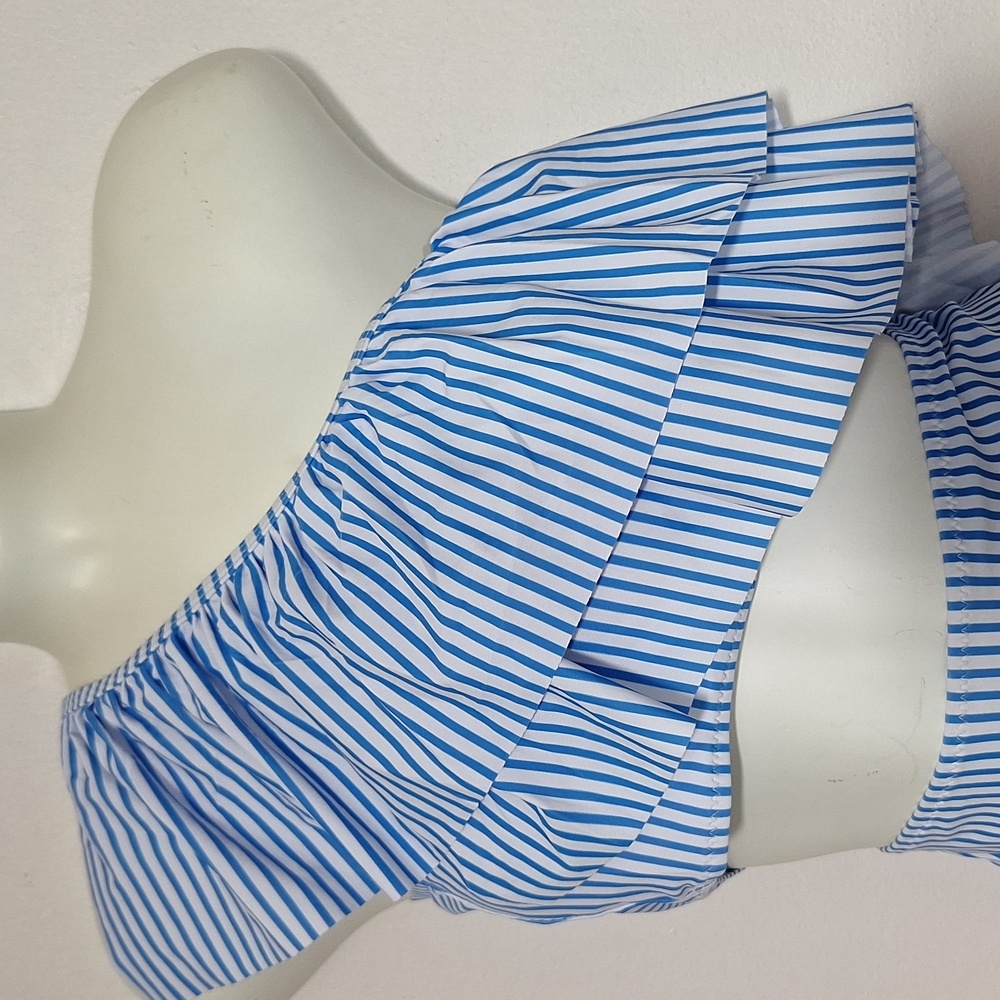 Vimpunec One Shoulder Bikini Set Blue White Strip High Waist - Picture 5 of 9